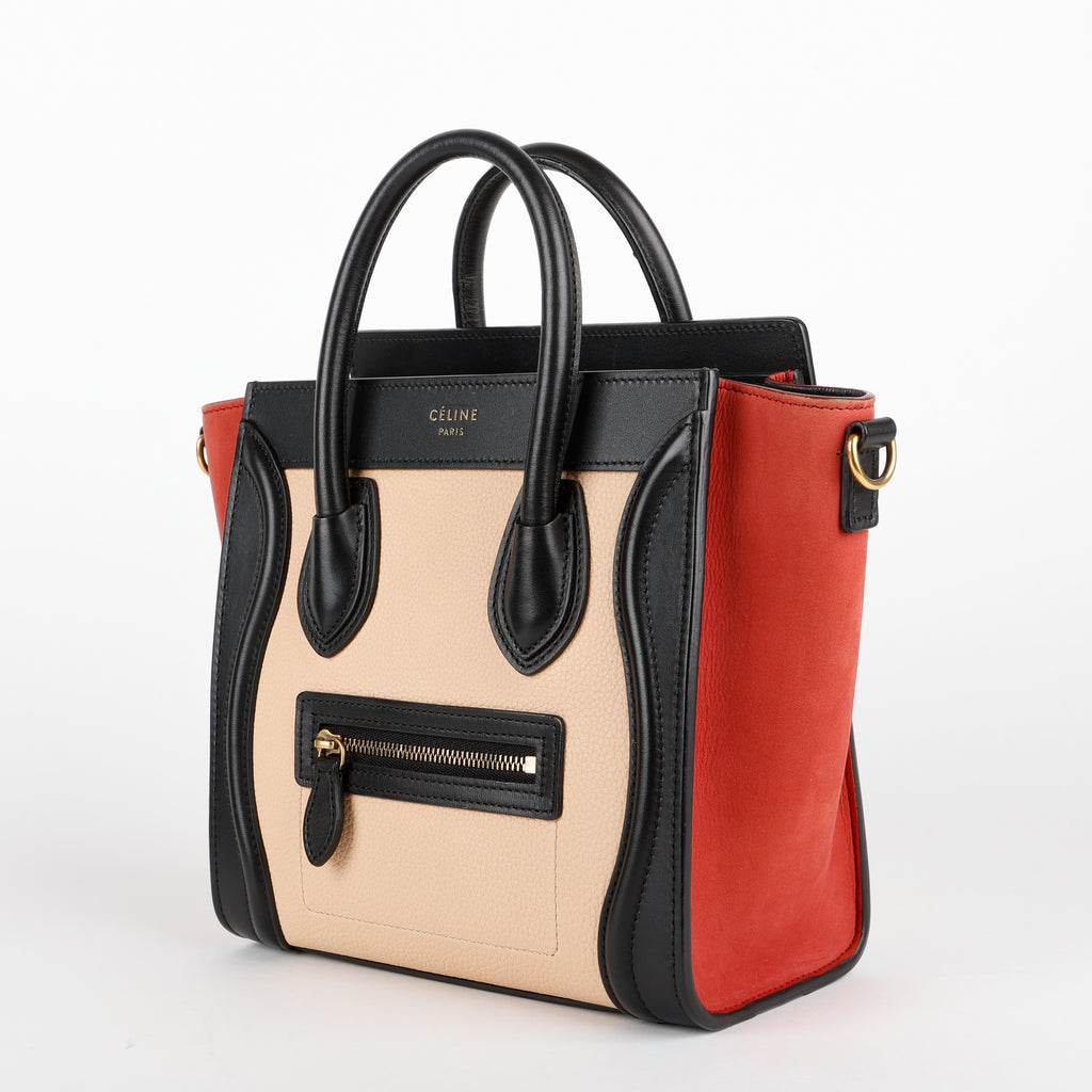 Nano Tricolor Luggage Tote, Red/Beige/Black Suede Calfskin