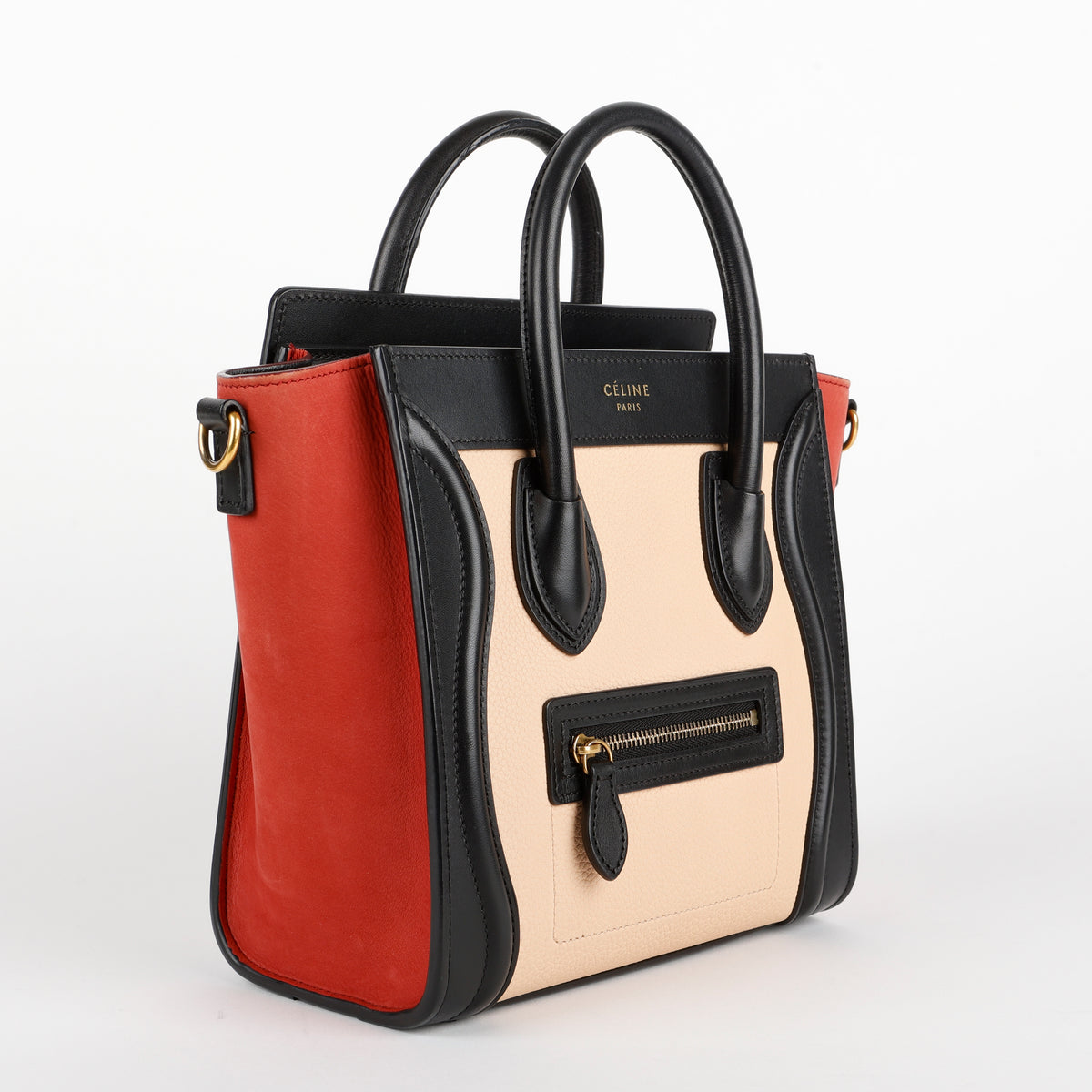 Nano Tricolor Luggage Tote, Red/Beige/Black Suede Calfskin