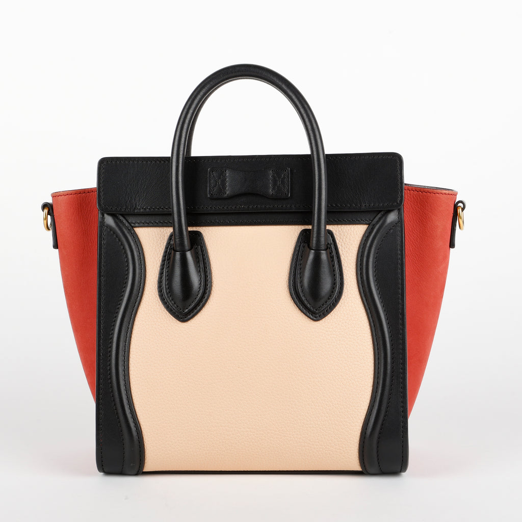 Nano Tricolor Luggage Tote, Red/Beige/Black Suede Calfskin