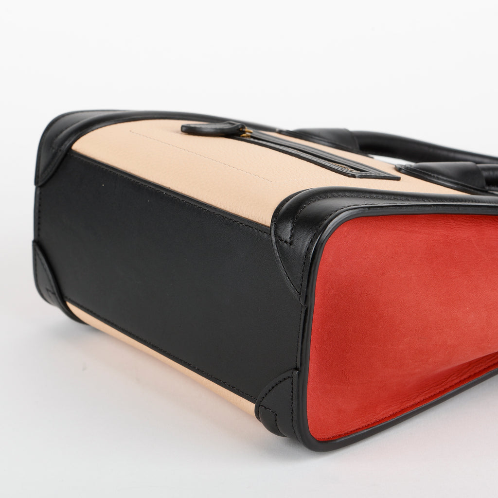 Nano Tricolor Luggage Tote, Red/Beige/Black Suede Calfskin