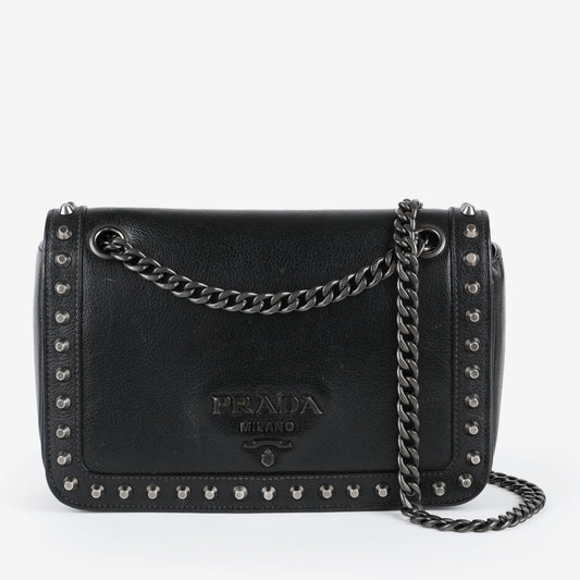 Small Studded Chain Shoulder Bag, Black Glazed Calfskin