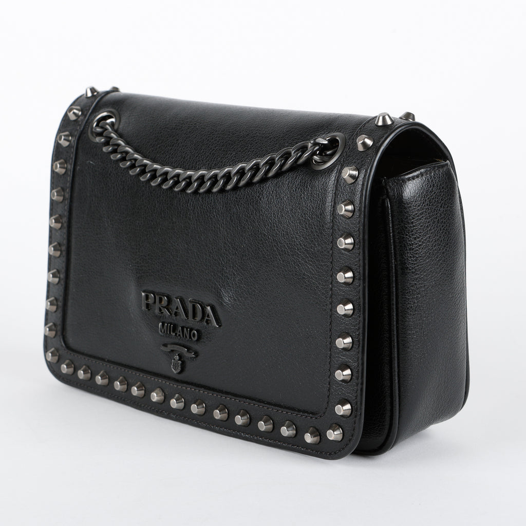 Small Studded Chain Shoulder Bag, Black Glazed Calfskin