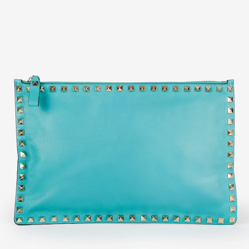Medium Rockstud Zip Clutch, Turquoise Calfskin 640