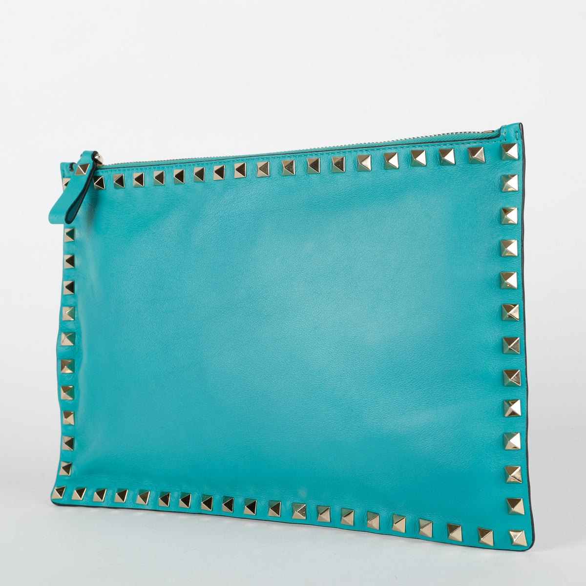 Medium Rockstud Zip Clutch, Turquoise Calfskin 640