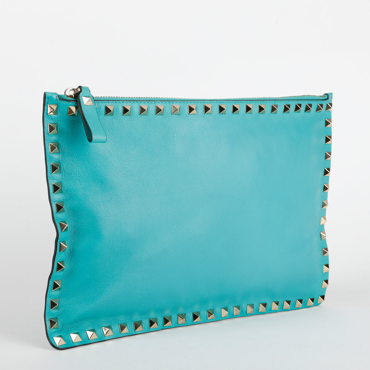 Medium Rockstud Zip Clutch, Turquoise Calfskin 640