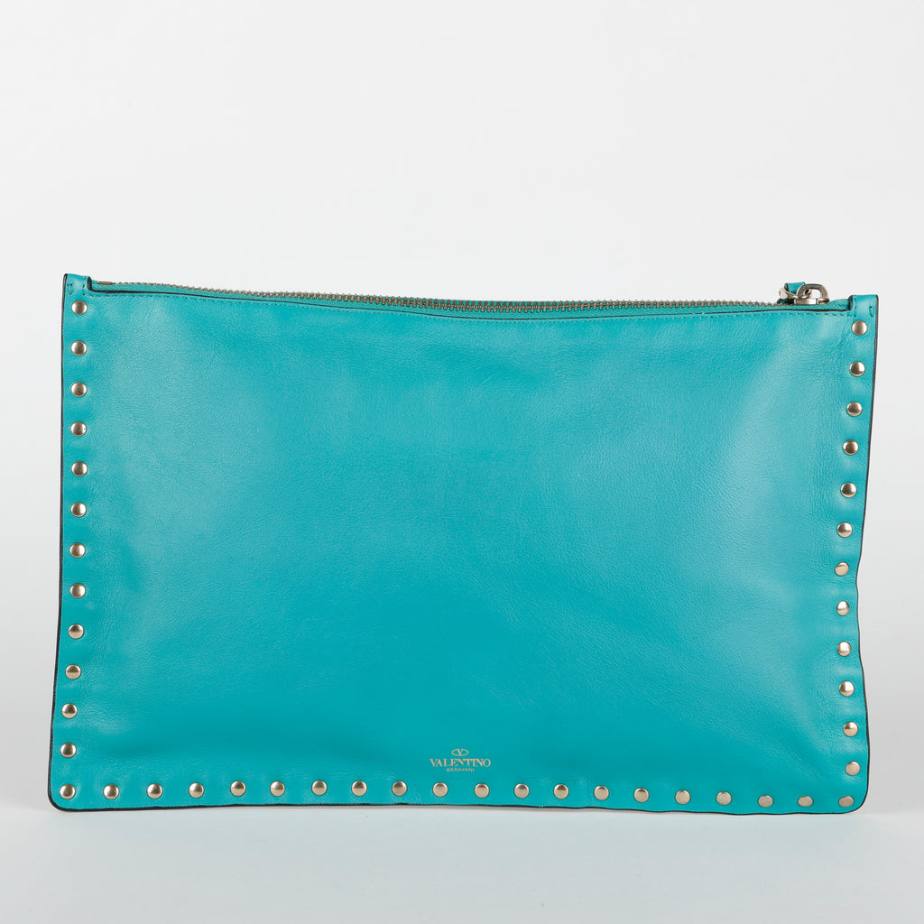 Medium Rockstud Zip Clutch, Turquoise Calfskin 640