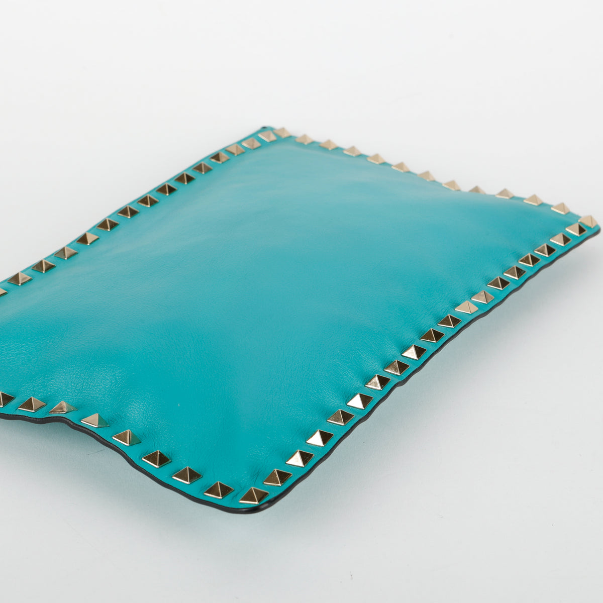 Medium Rockstud Zip Clutch, Turquoise Calfskin 640