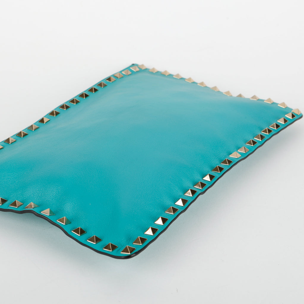 Medium Rockstud Zip Clutch, Turquoise Calfskin 640