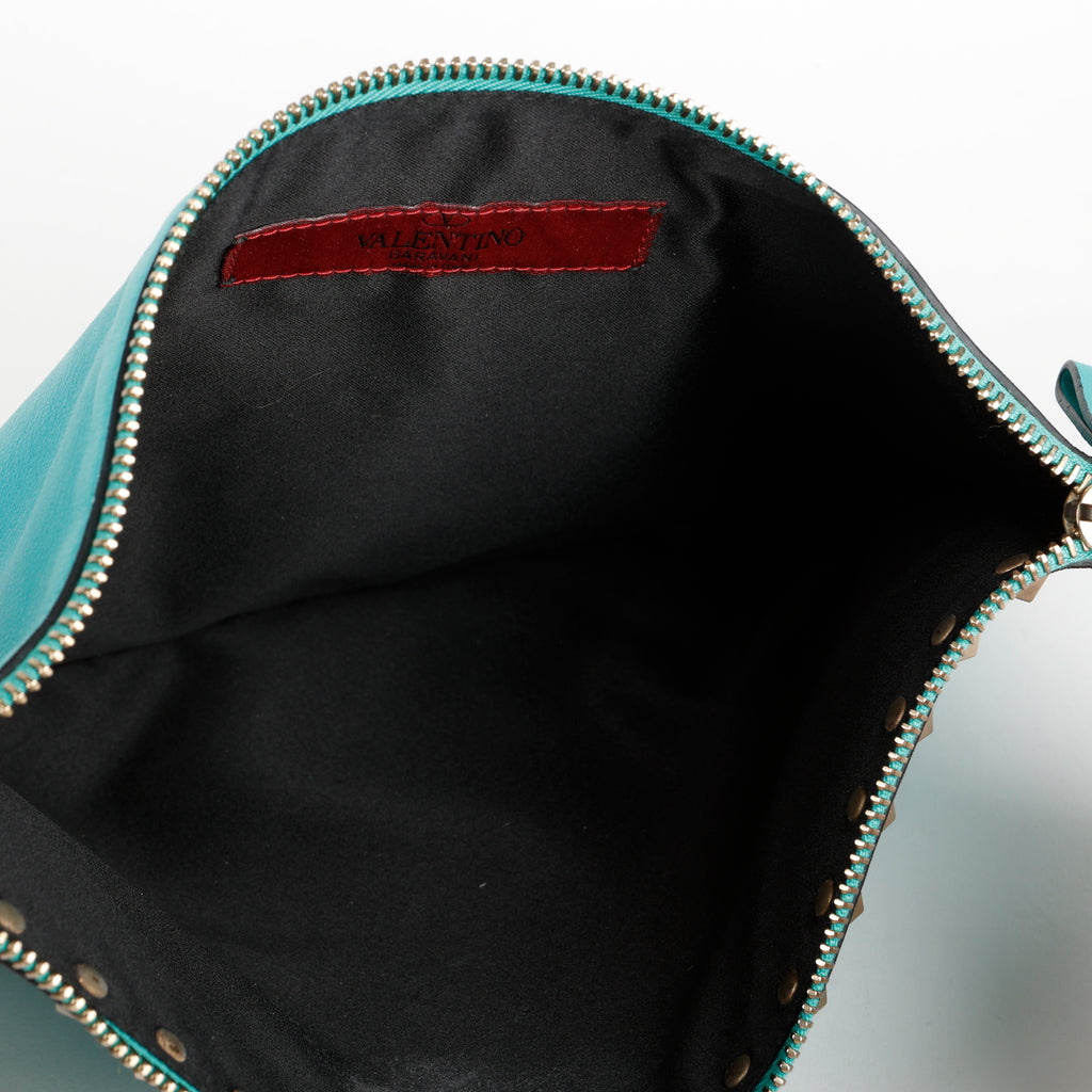Medium Rockstud Zip Clutch, Turquoise Calfskin 640