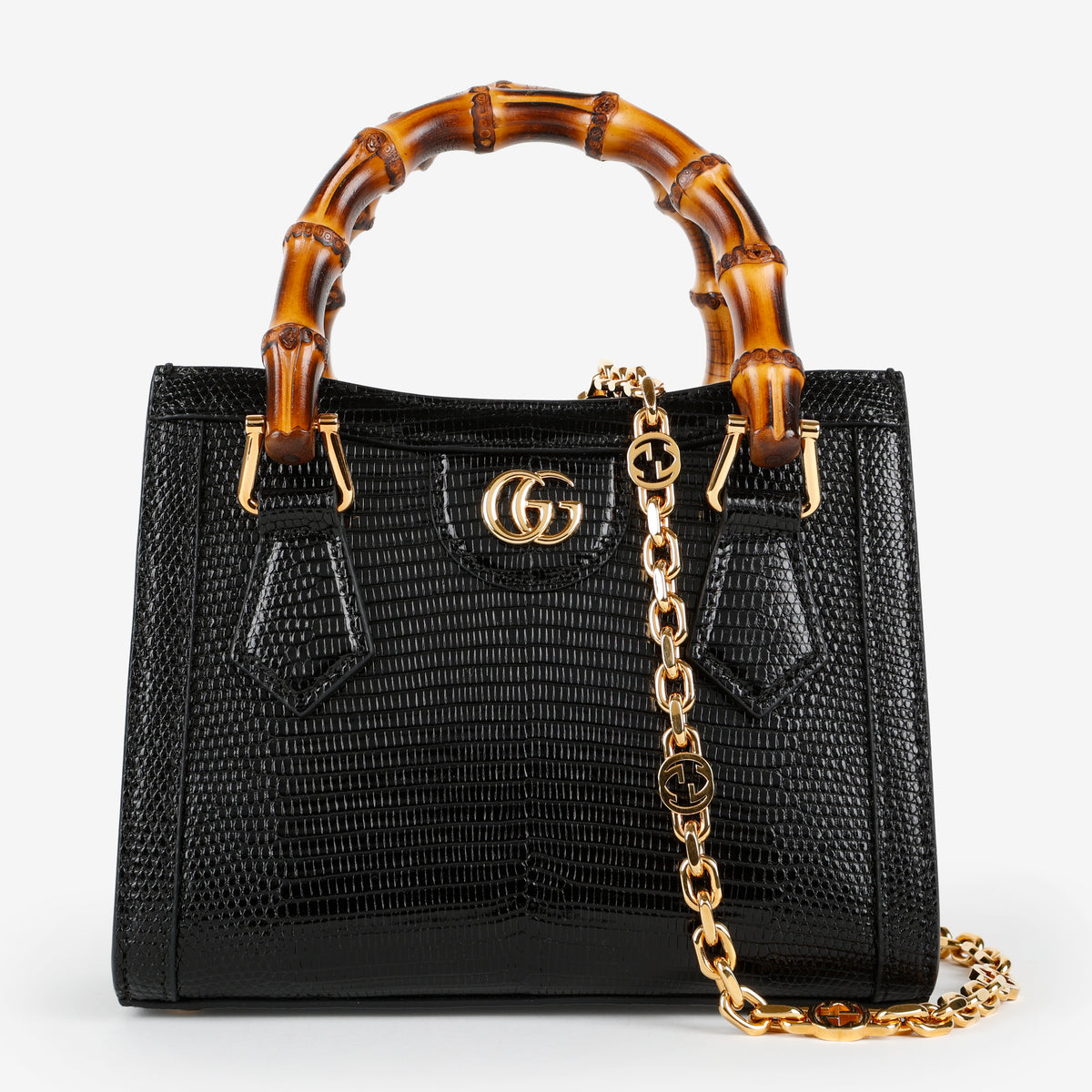 Small Diana NM Bamboo Top Handle, Black Lizard
