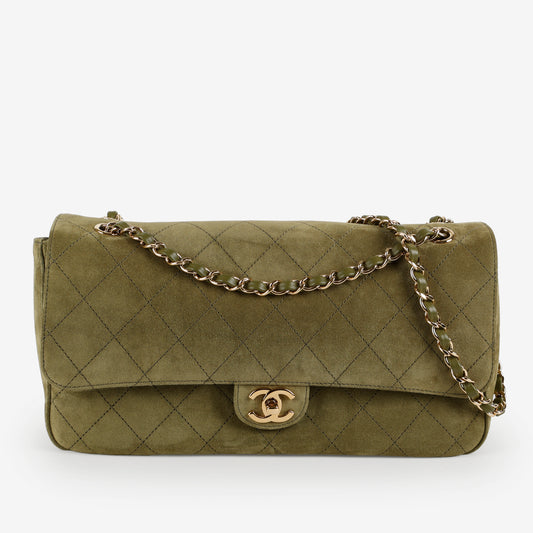 Maxi Souplissimo 32cm Suede Flap Bag, Khaki GHW