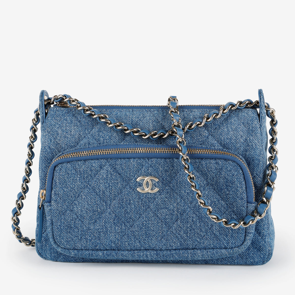 Double Zip Denim Clutch on Chain
