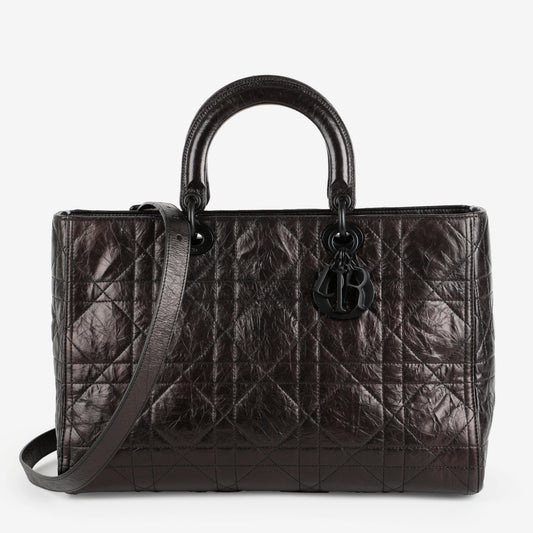 Large Ultra Matte Lady D-Sire, Black Macrocannage Crinkled Calfskin