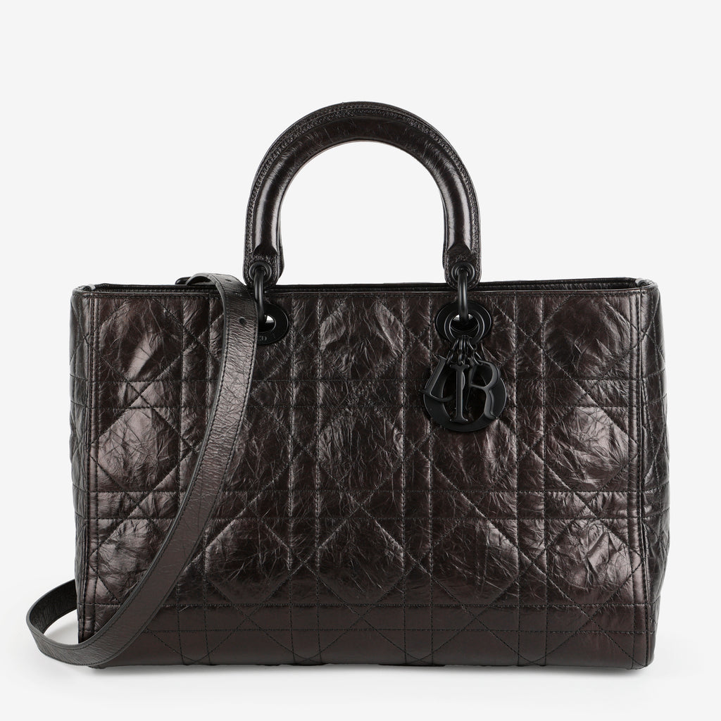 Large Ultra Matte Lady D-Sire, Black Macrocannage Crinkled Calfskin
