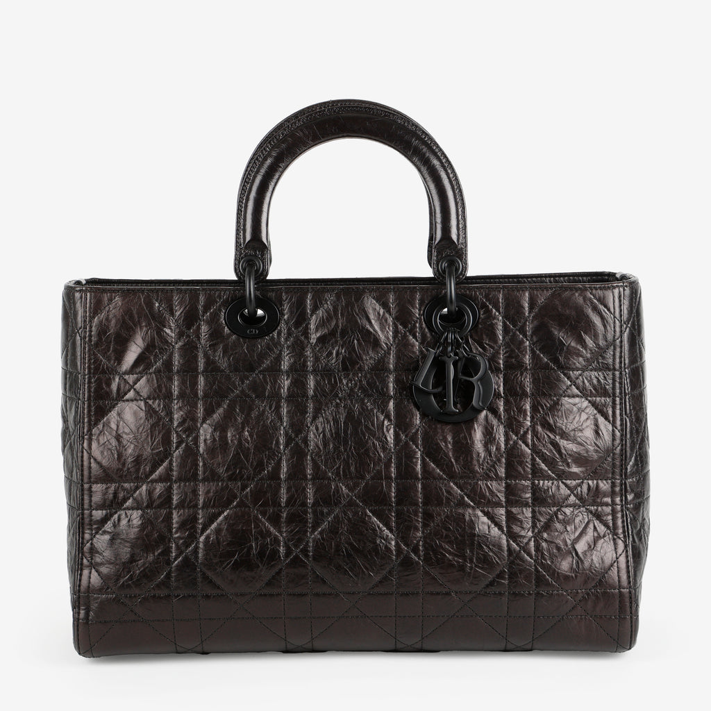Large Ultra Matte Lady D-Sire, Black Macrocannage Crinkled Calfskin