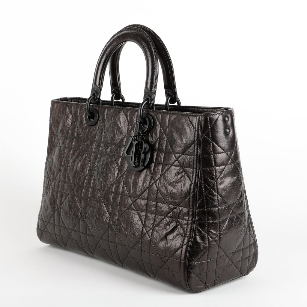 Large Ultra Matte Lady D-Sire, Black Macrocannage Crinkled Calfskin