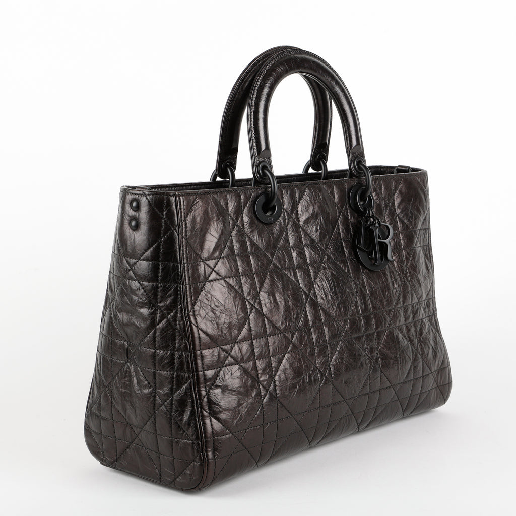 Large Ultra Matte Lady D-Sire, Black Macrocannage Crinkled Calfskin