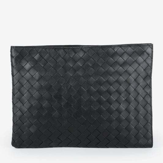 Large Nappa Intrecciato Zip Pouch, Black/Blue