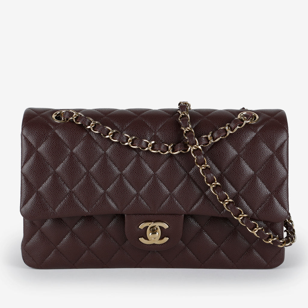 Caviar Medium Double Flap, Bordeaux Gold Hardware