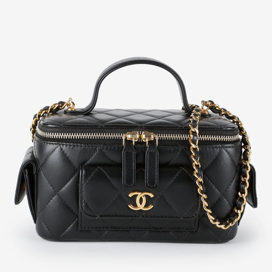 Top Handle Pocket Vanity Case, Black Lambskin
