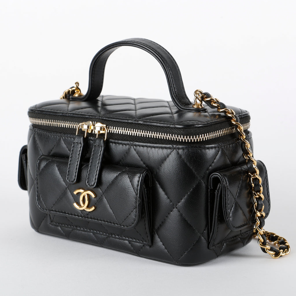 Top Handle Pocket Vanity Case, Black Lambskin