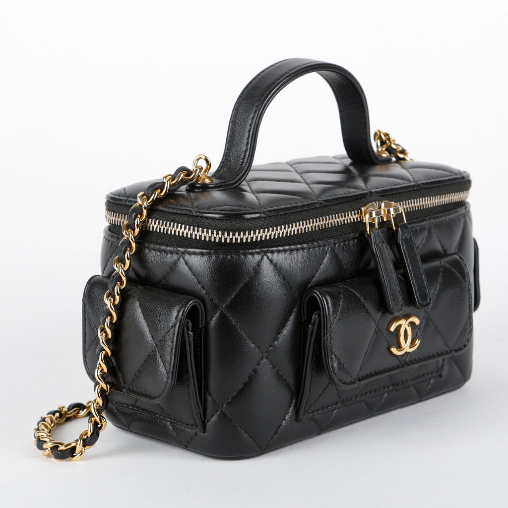 Top Handle Pocket Vanity Case, Black Lambskin