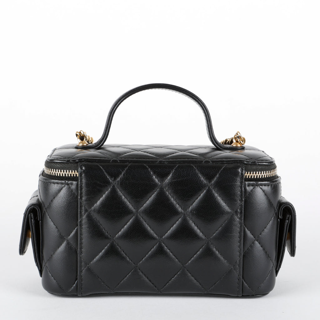 Top Handle Pocket Vanity Case, Black Lambskin