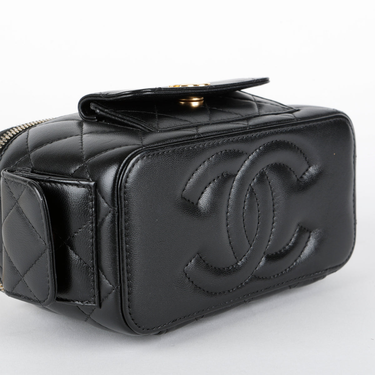 Top Handle Pocket Vanity Case, Black Lambskin