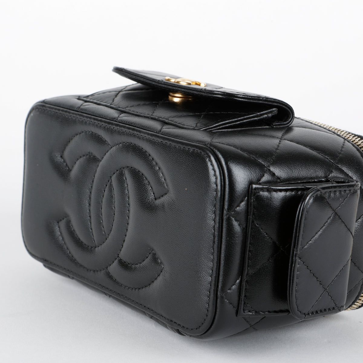 Top Handle Pocket Vanity Case, Black Lambskin