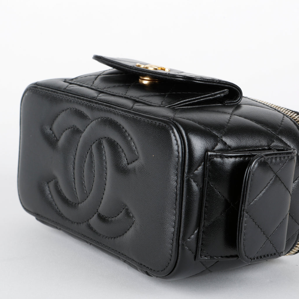 Top Handle Pocket Vanity Case, Black Lambskin