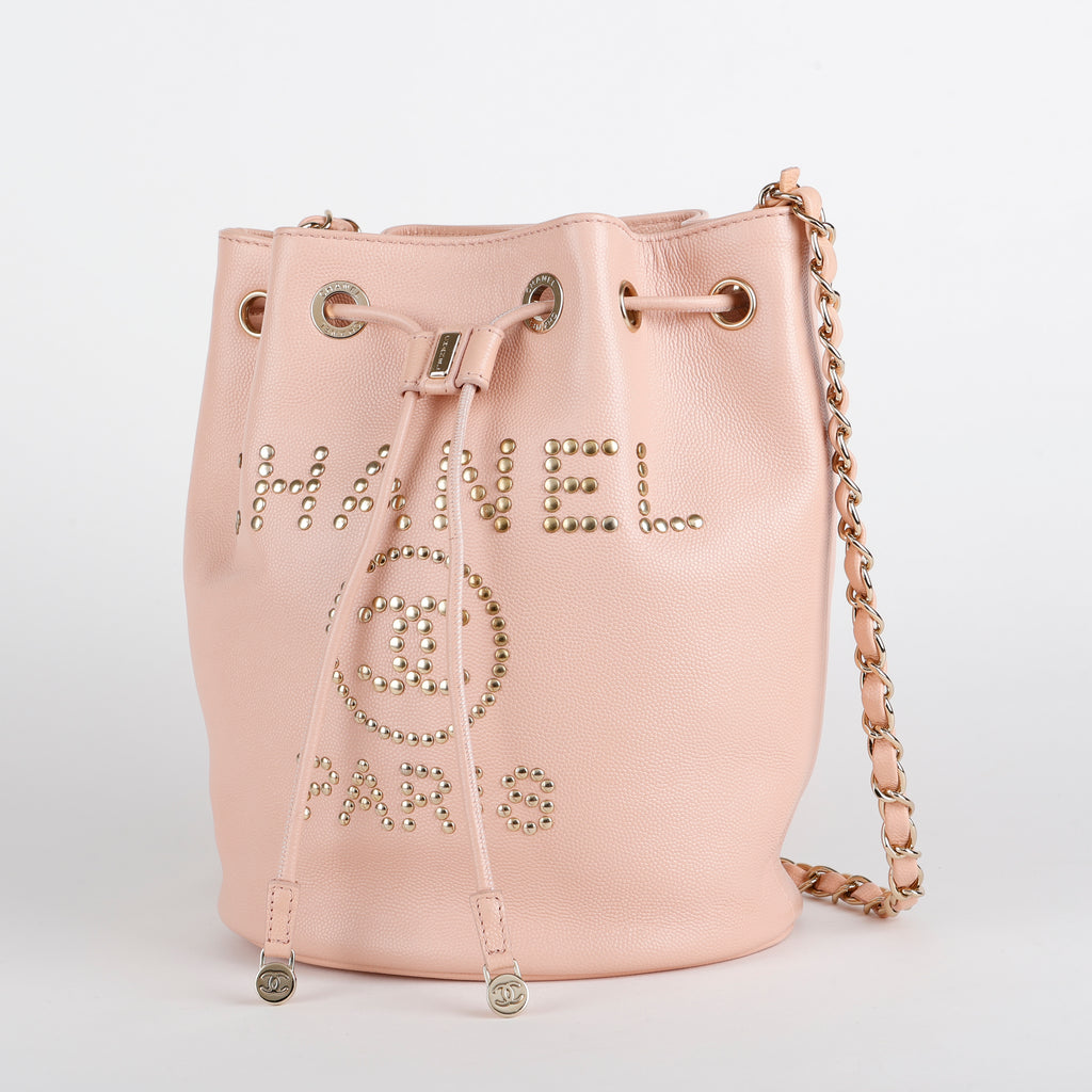 Deauville Drawstring Bucket Bag, Light Pink Caviar