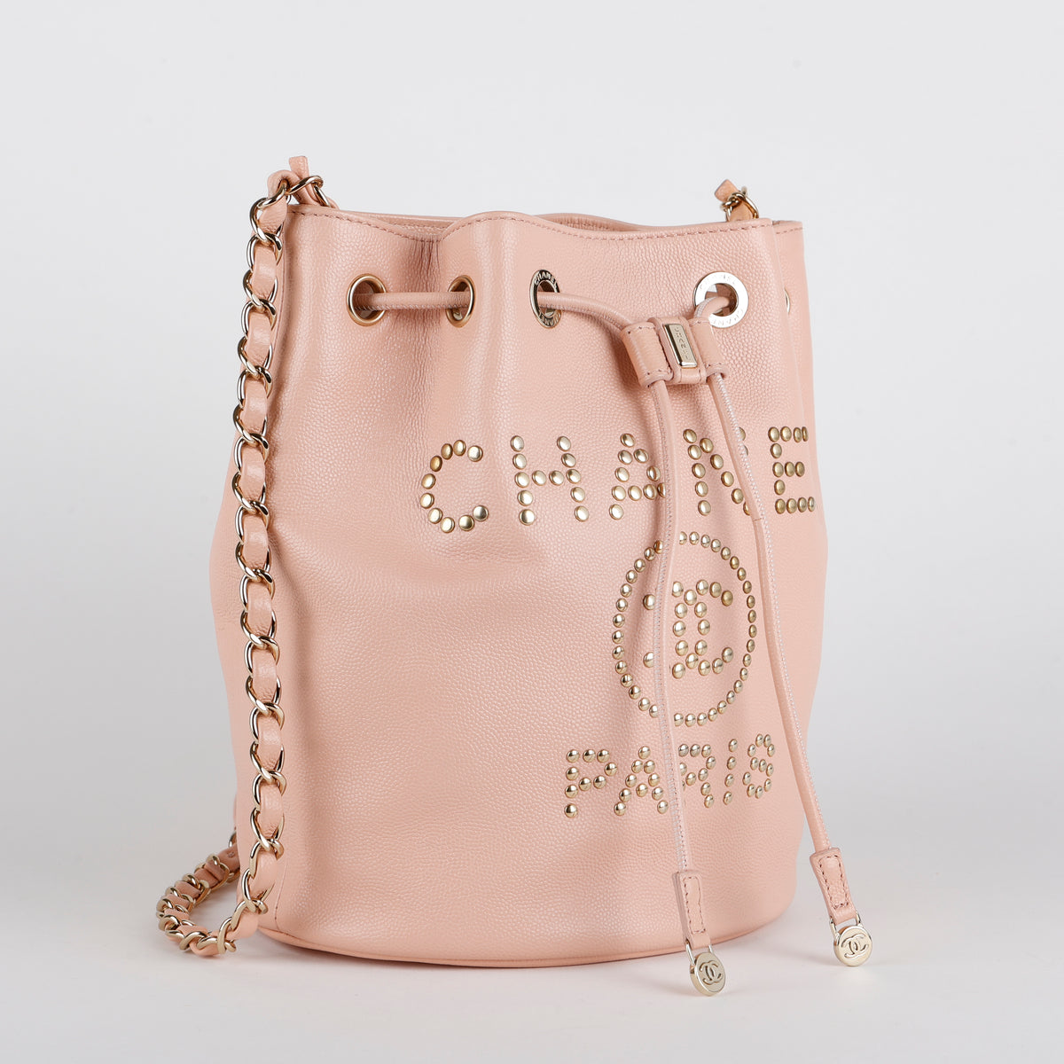 Deauville Drawstring Bucket Bag, Light Pink Caviar