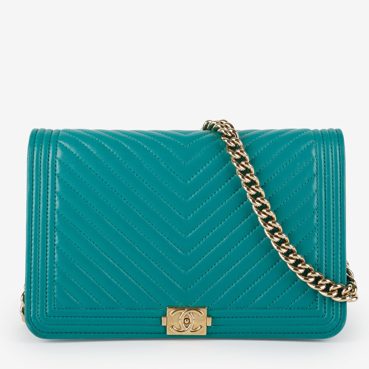 Boy Wallet on Chain, Teal Chevron Lambskin
