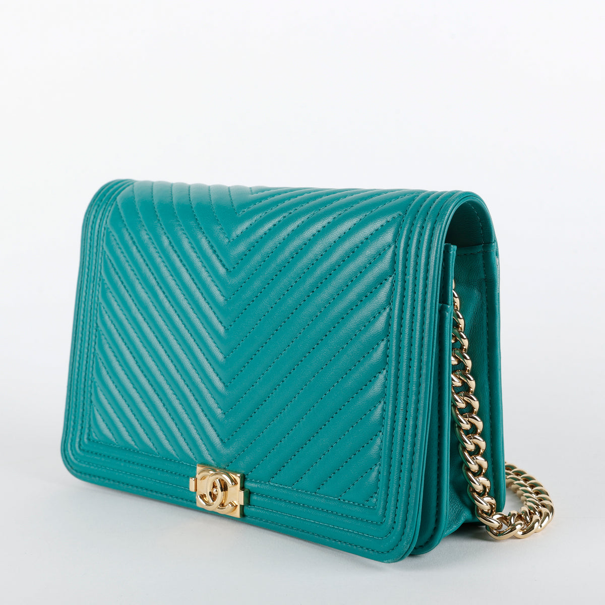 Boy Wallet on Chain, Teal Chevron Lambskin