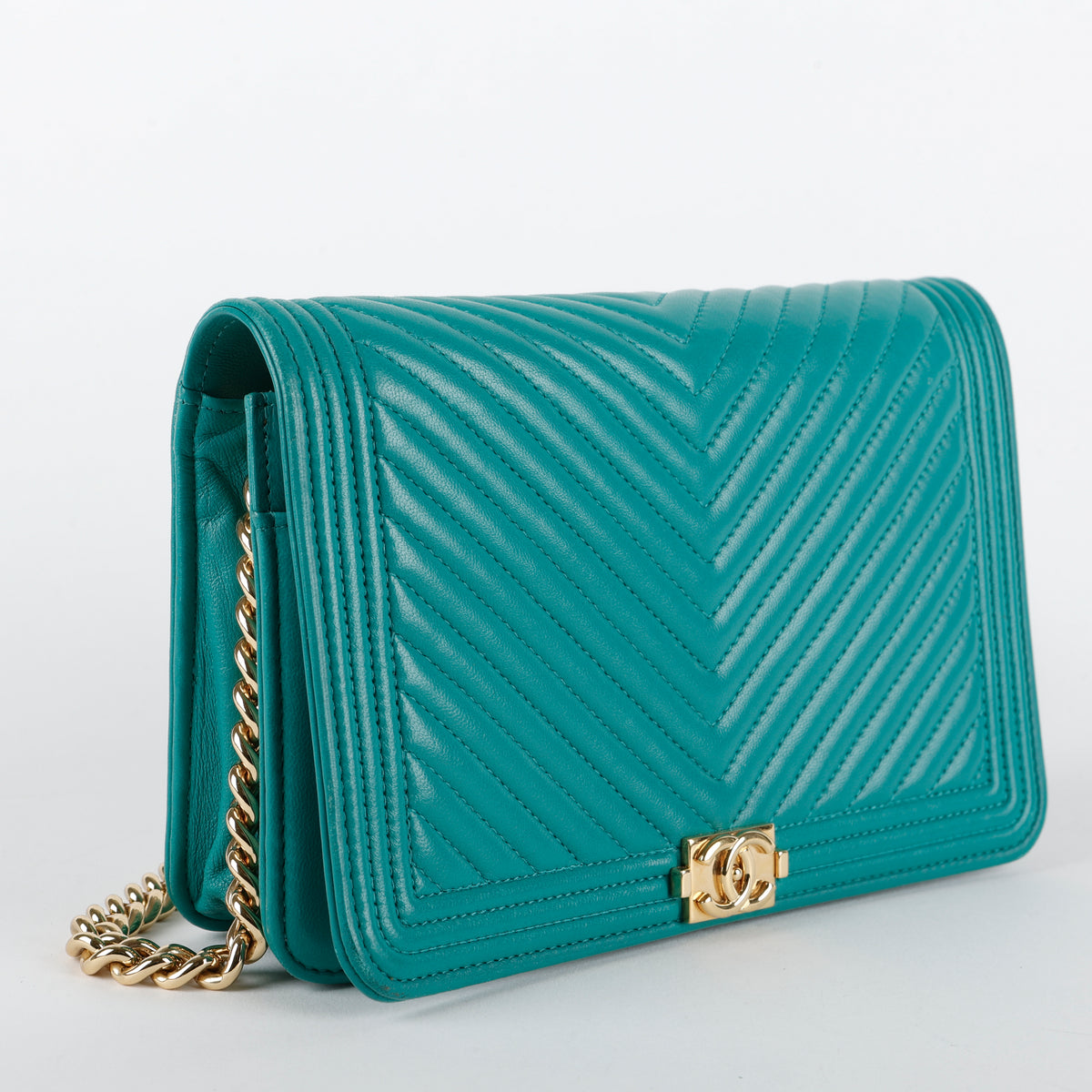 Boy Wallet on Chain, Teal Chevron Lambskin