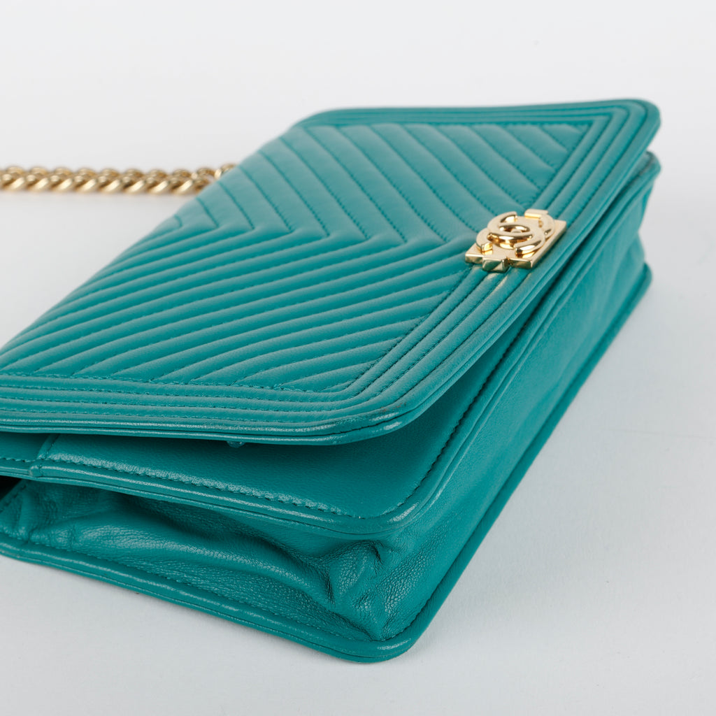 Boy Wallet on Chain, Teal Chevron Lambskin