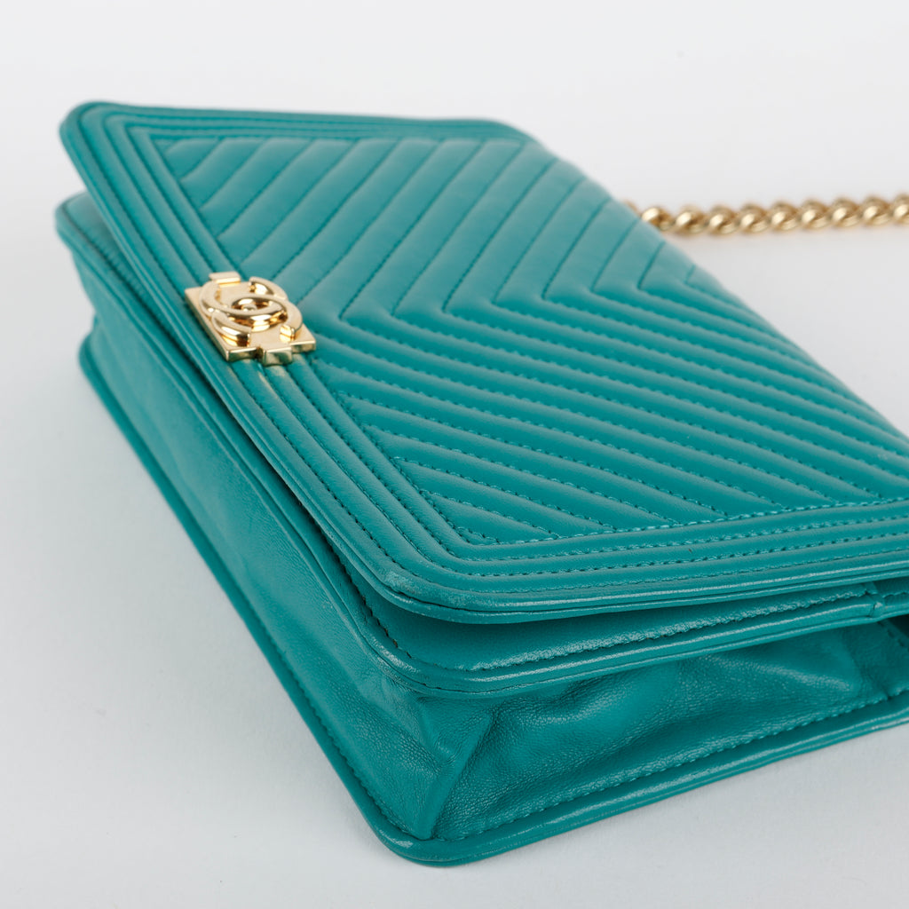 Boy Wallet on Chain, Teal Chevron Lambskin