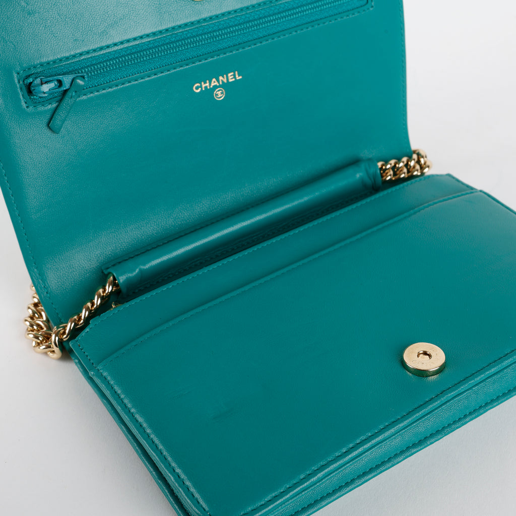 Boy Wallet on Chain, Teal Chevron Lambskin