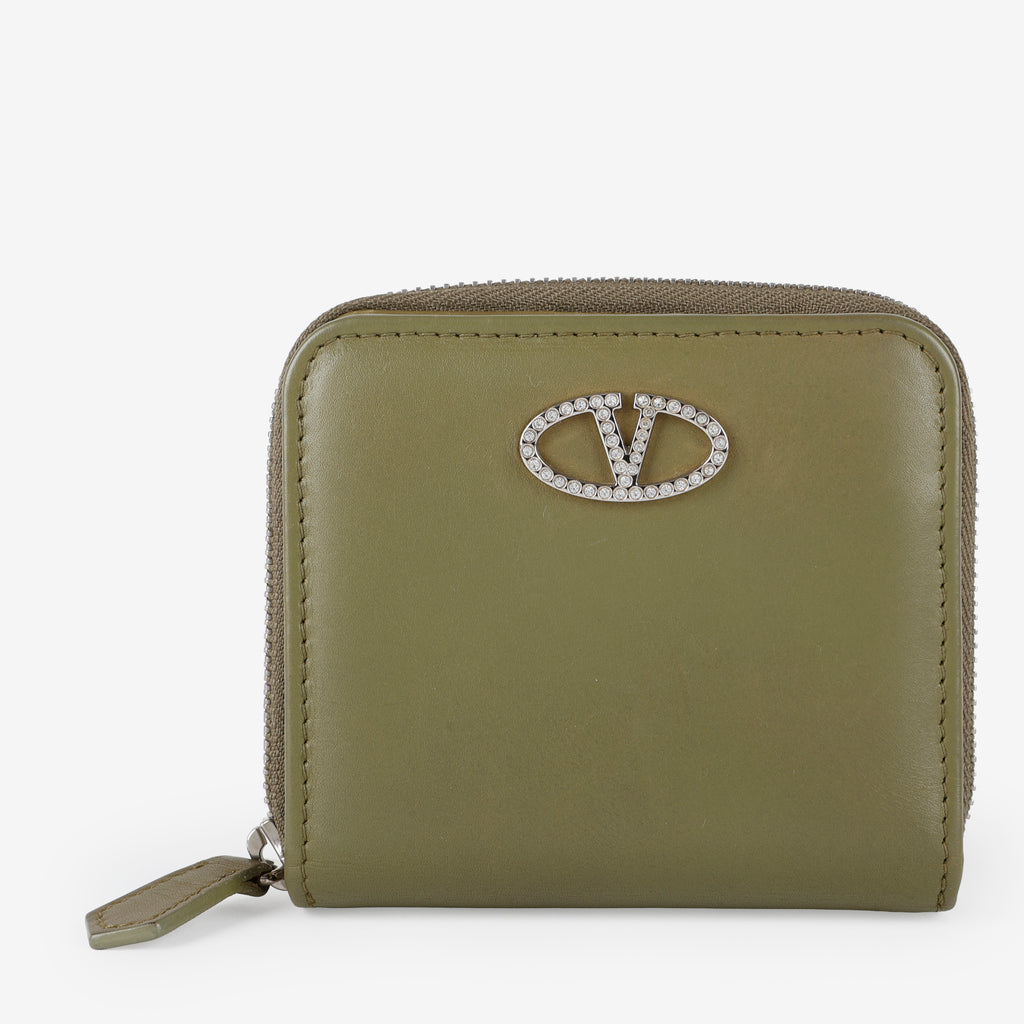 Mini V Logo Wallet, Olive Green Calfskin