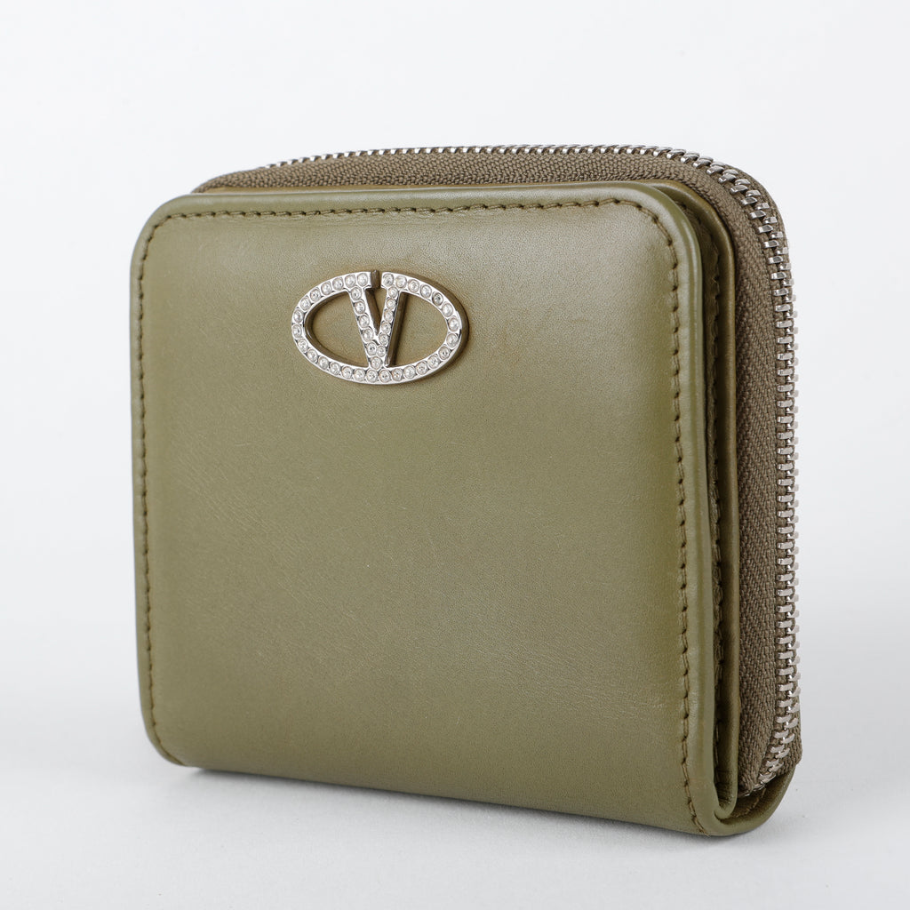 Mini V Logo Wallet, Olive Green Calfskin