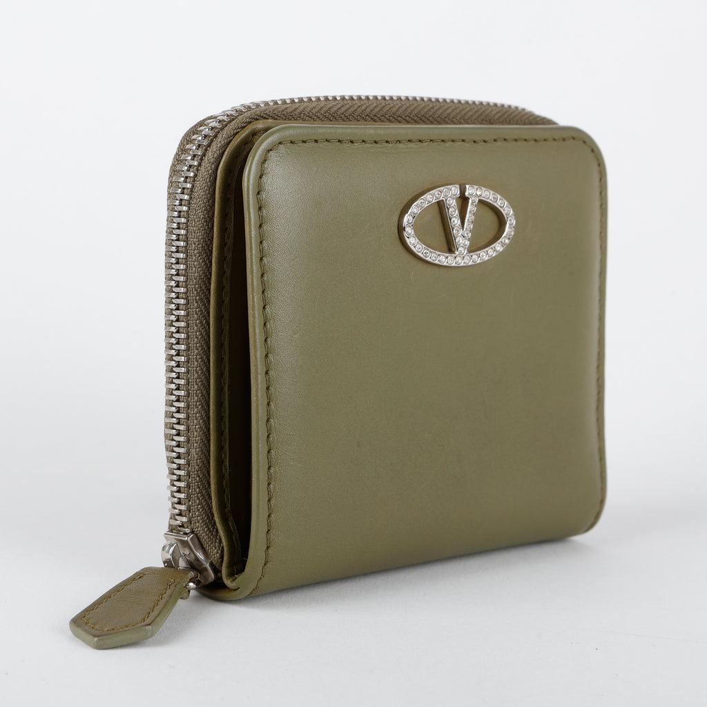 Mini V Logo Wallet, Olive Green Calfskin