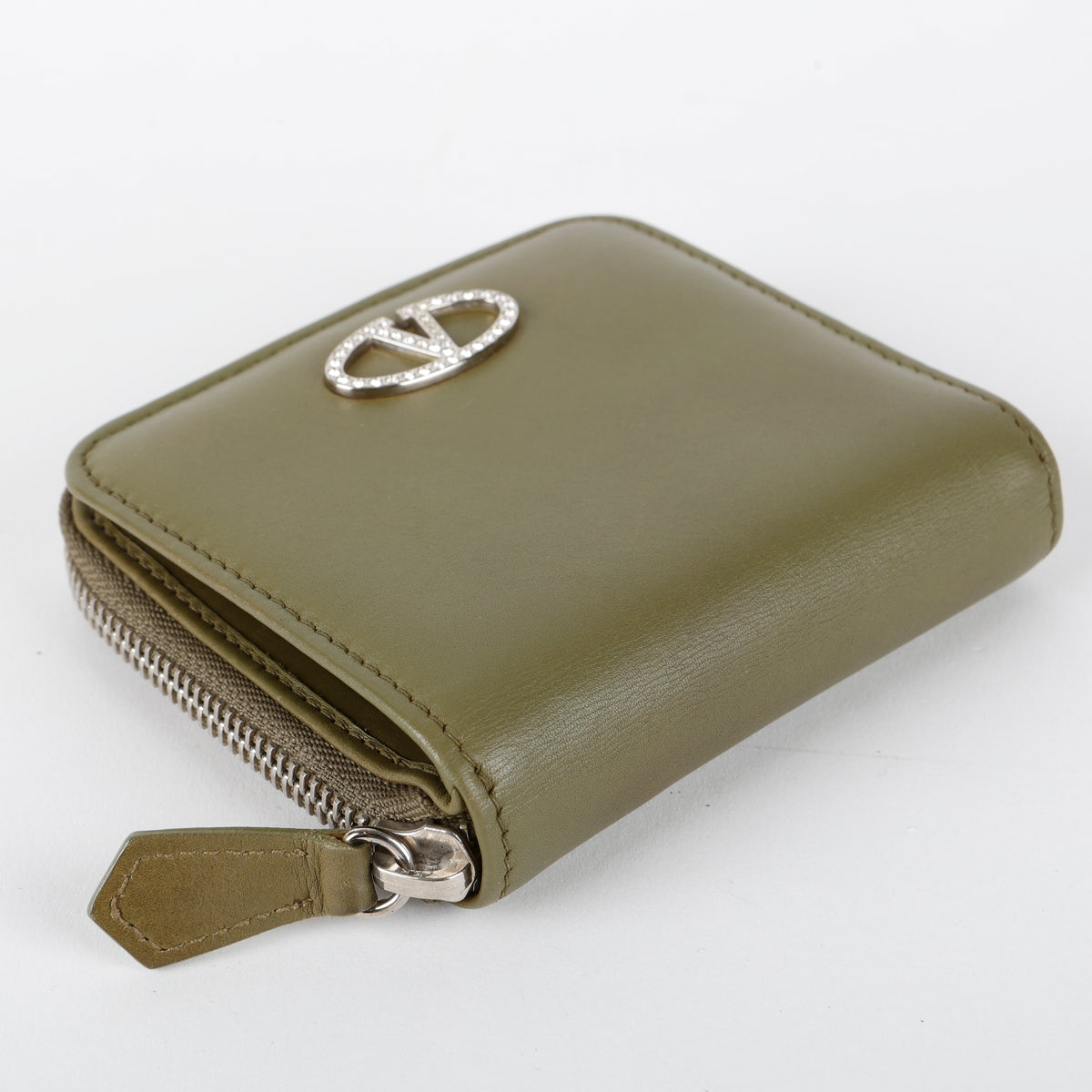 Mini V Logo Wallet, Olive Green Calfskin