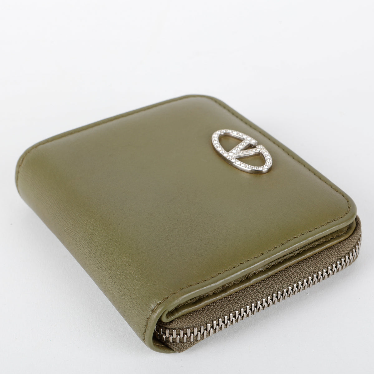 Mini V Logo Wallet, Olive Green Calfskin