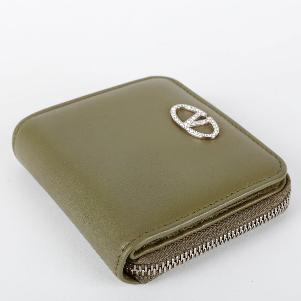 Mini V Logo Wallet, Olive Green Calfskin