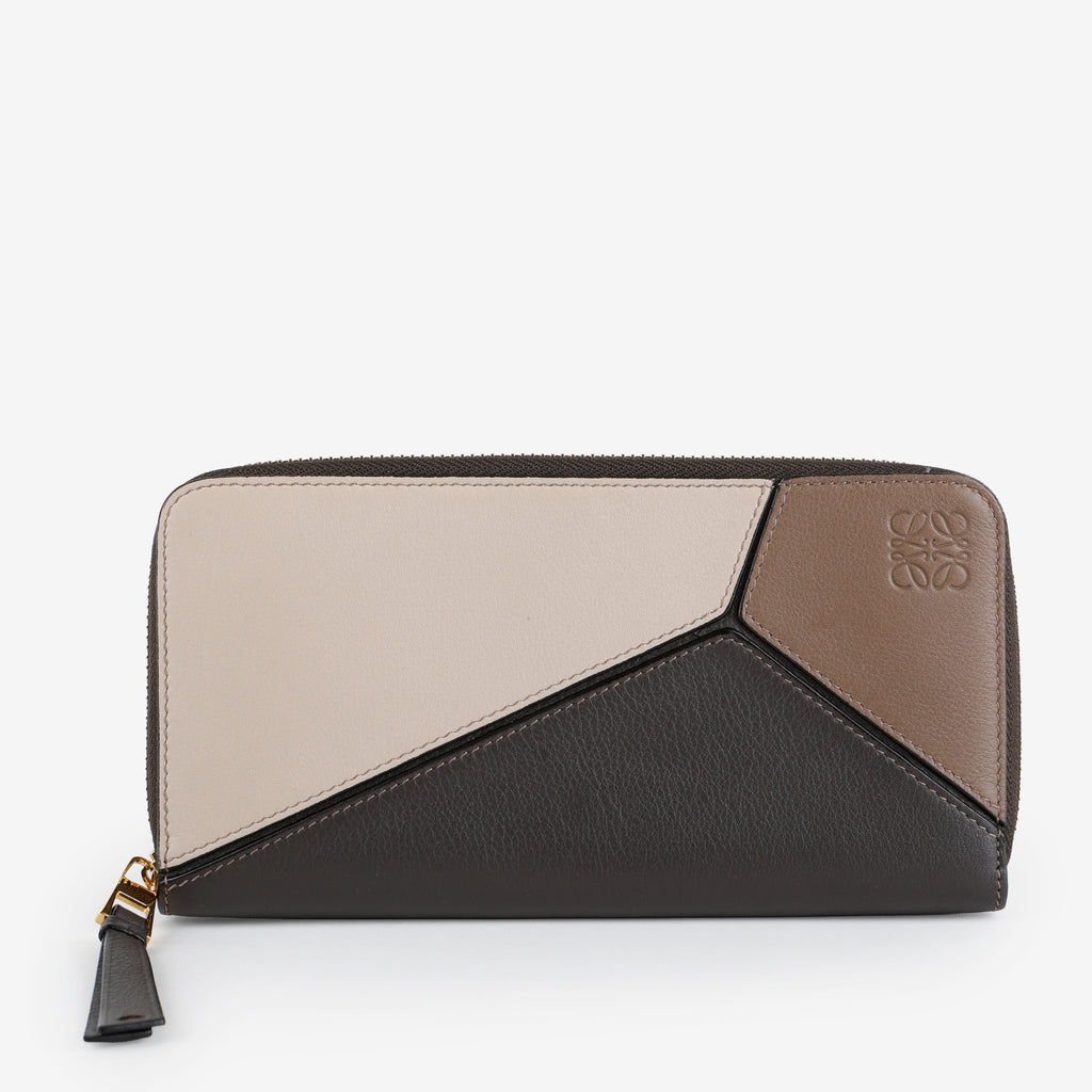 Tricolor Puzzle Zip Around Wallet, Grey/Taupe/Cream