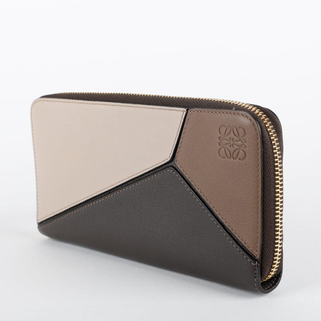 Tricolor Puzzle Zip Around Wallet, Grey/Taupe/Cream