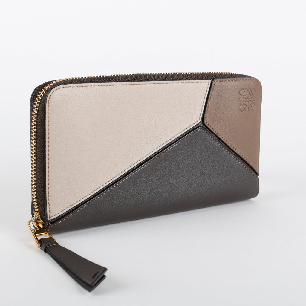 Tricolor Puzzle Zip Around Wallet, Grey/Taupe/Cream