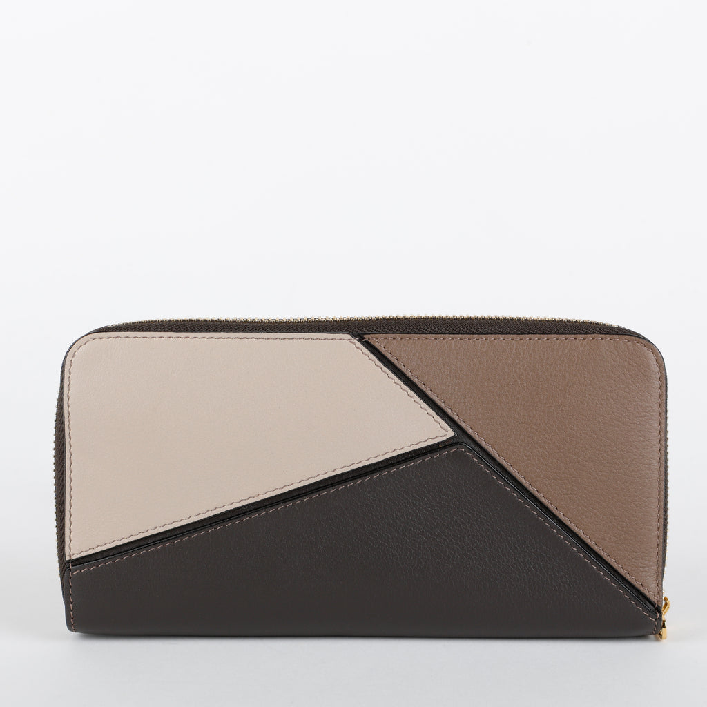 Tricolor Puzzle Zip Around Wallet, Grey/Taupe/Cream