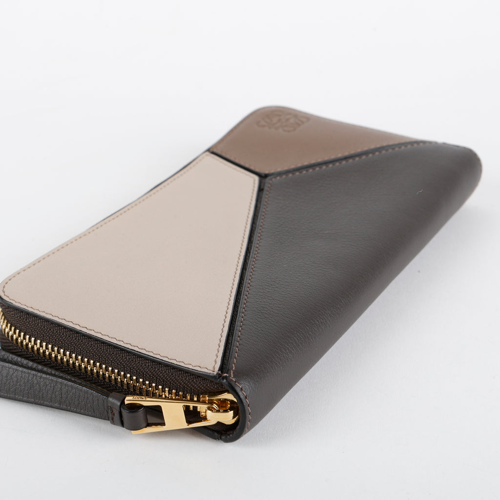 Tricolor Puzzle Zip Around Wallet, Grey/Taupe/Cream