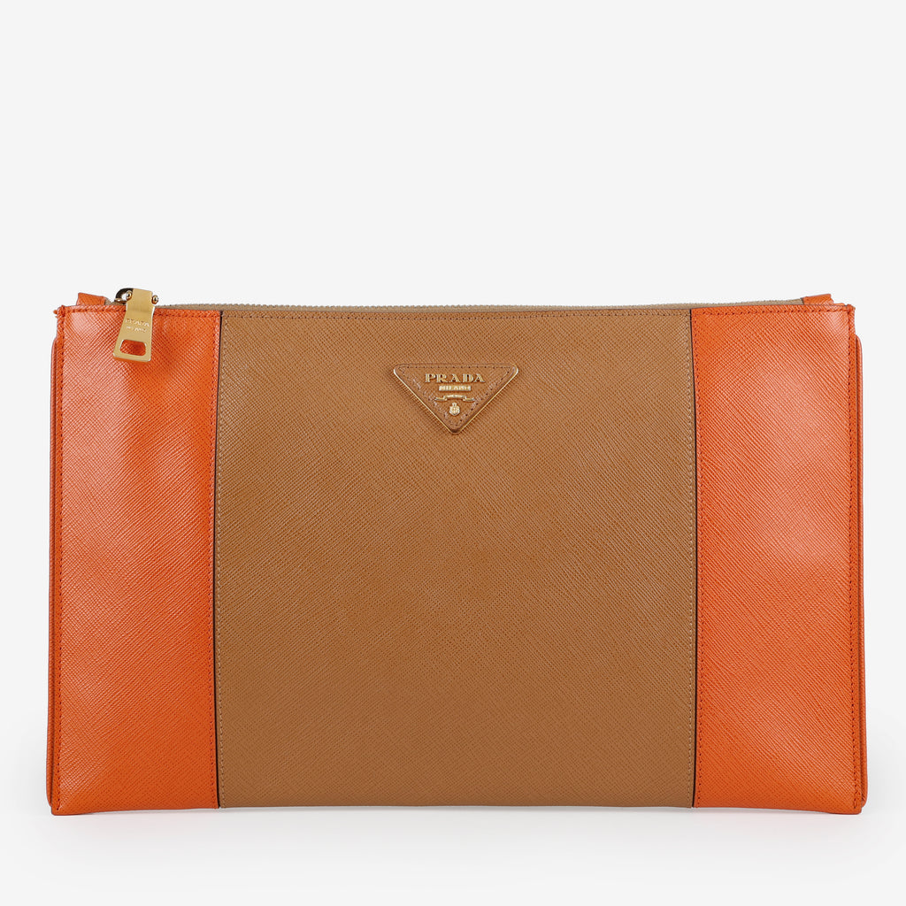 Bicolor Leather Zip Clutch, Tan/Orange